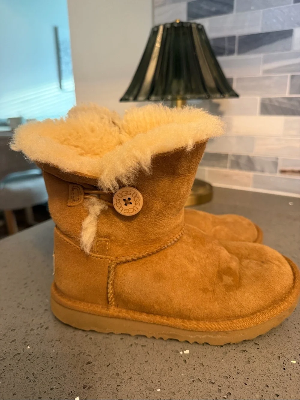 UGG Kids Chestnut Suede Shearling Button Boot - Tan